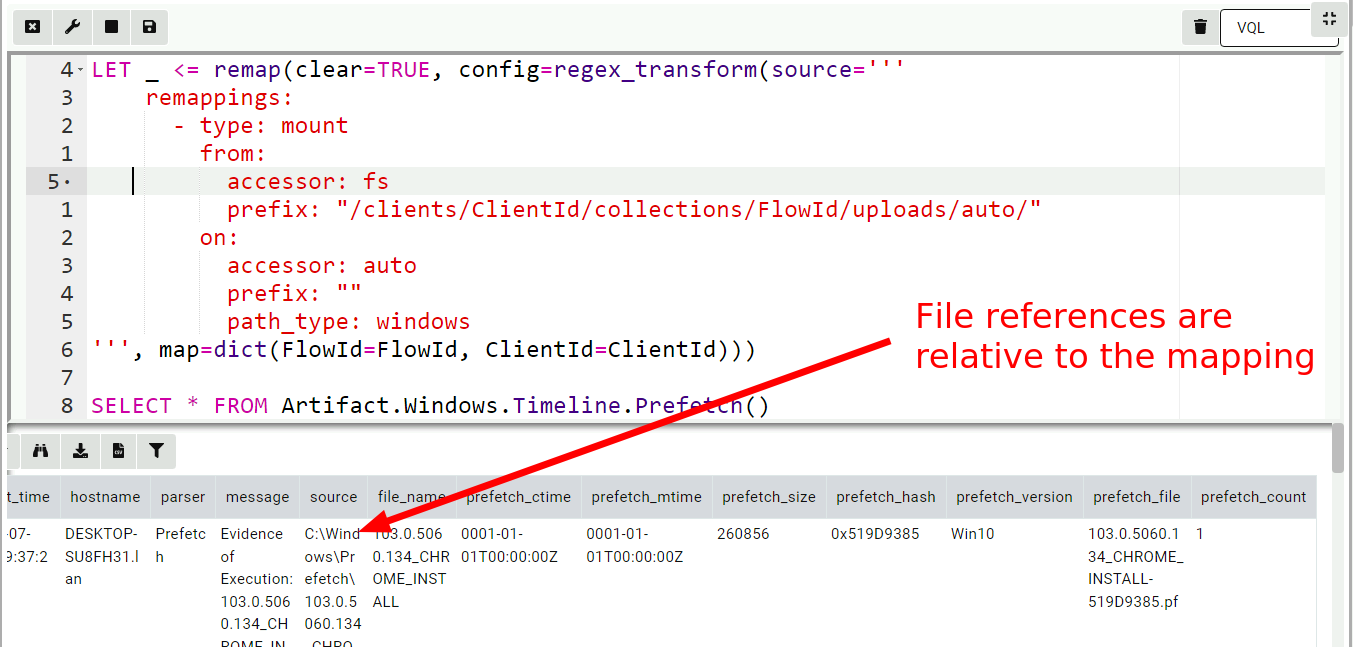 Parsing of server collected files using a remapping