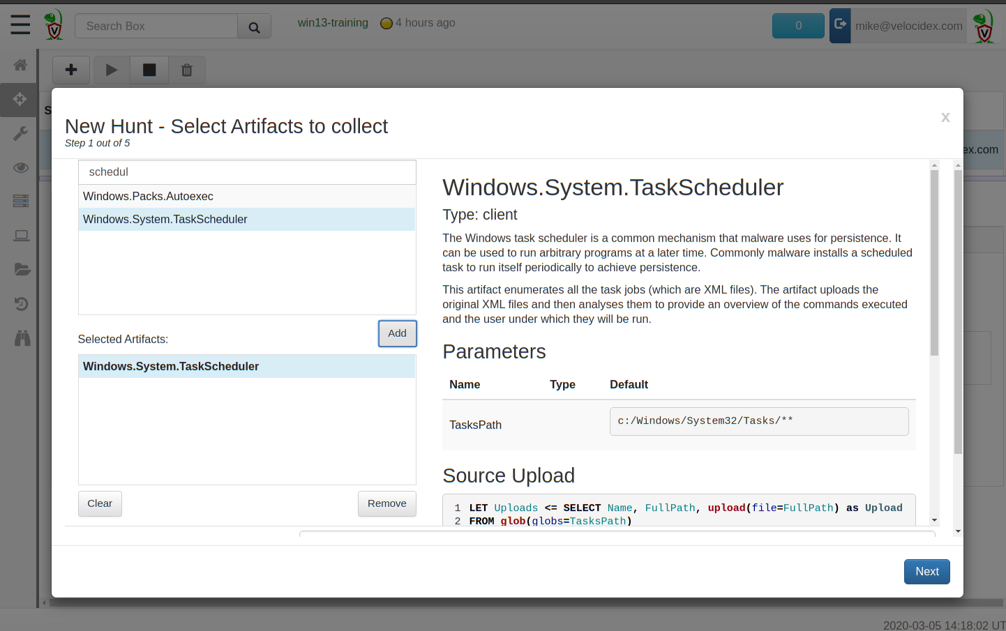 We schedule the Windows.System.TaskScheduler hunt to collect and analyze all scheduled tasks.