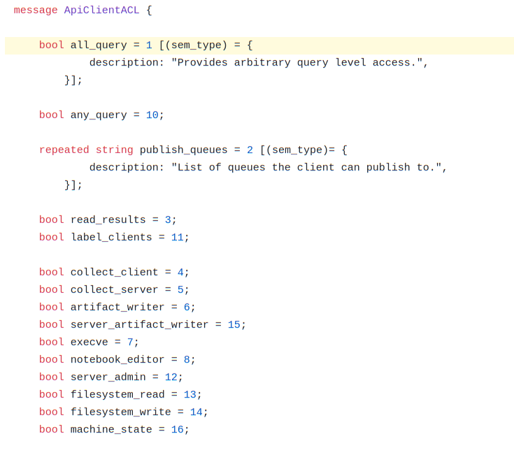 https://github.com/Velocidex/velociraptor/blob/master/acls/proto/acl.proto