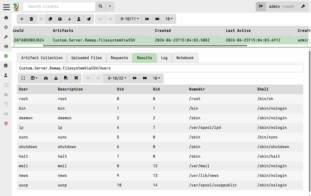 Server artifact showing filesystem collection from remapped SSH host